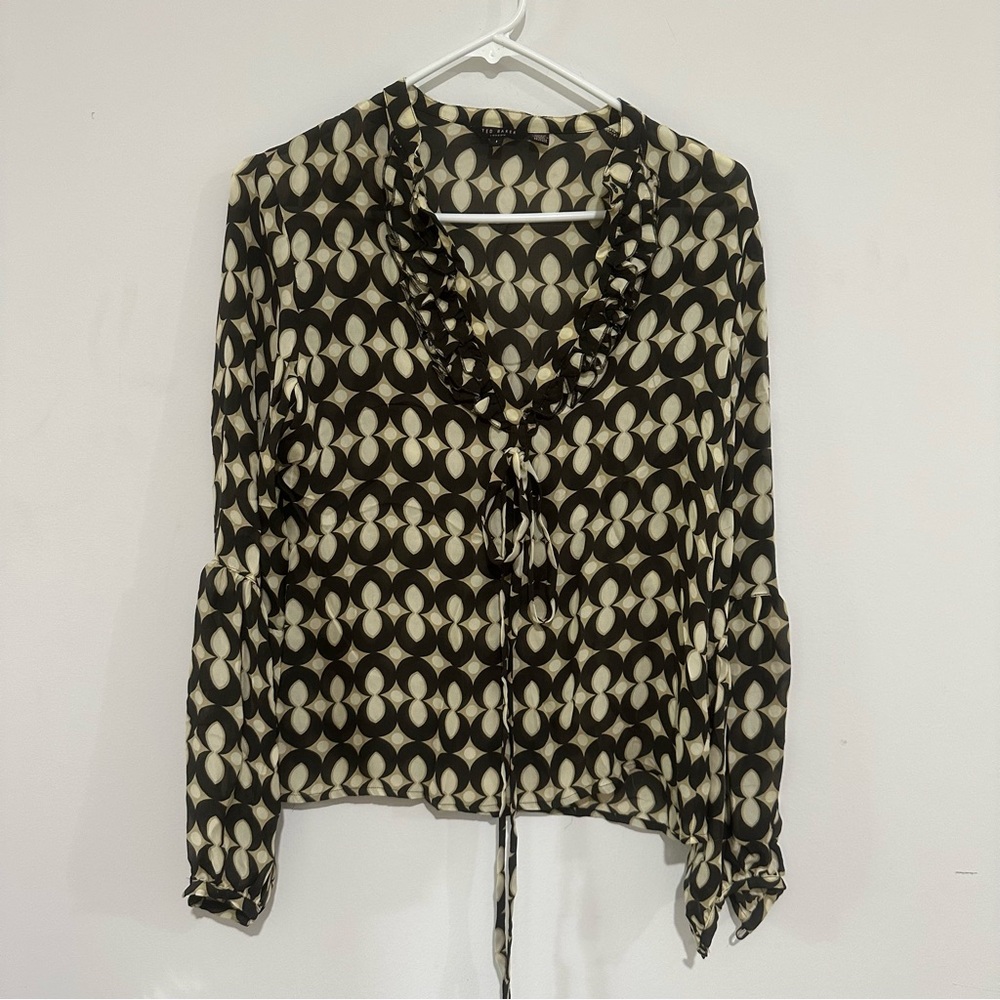 Ted Baker London Mid Century Mod Print Blouse  Sheer Long Sleeve Size 1 Silk